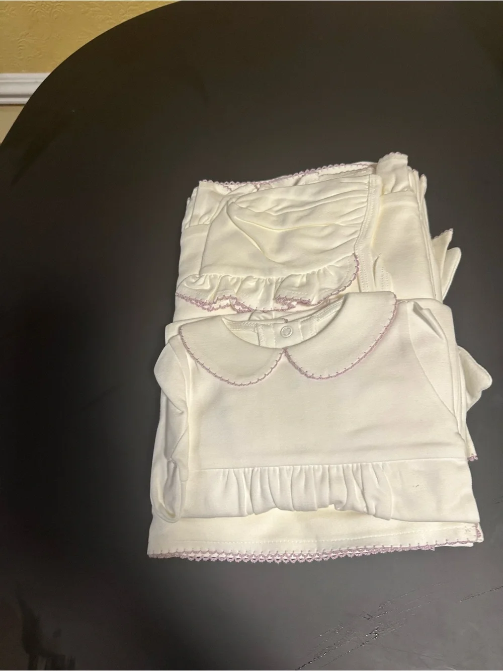 Baby Girls white Long Sleeve Ruffled Layette Set with Light Pink Trim organic